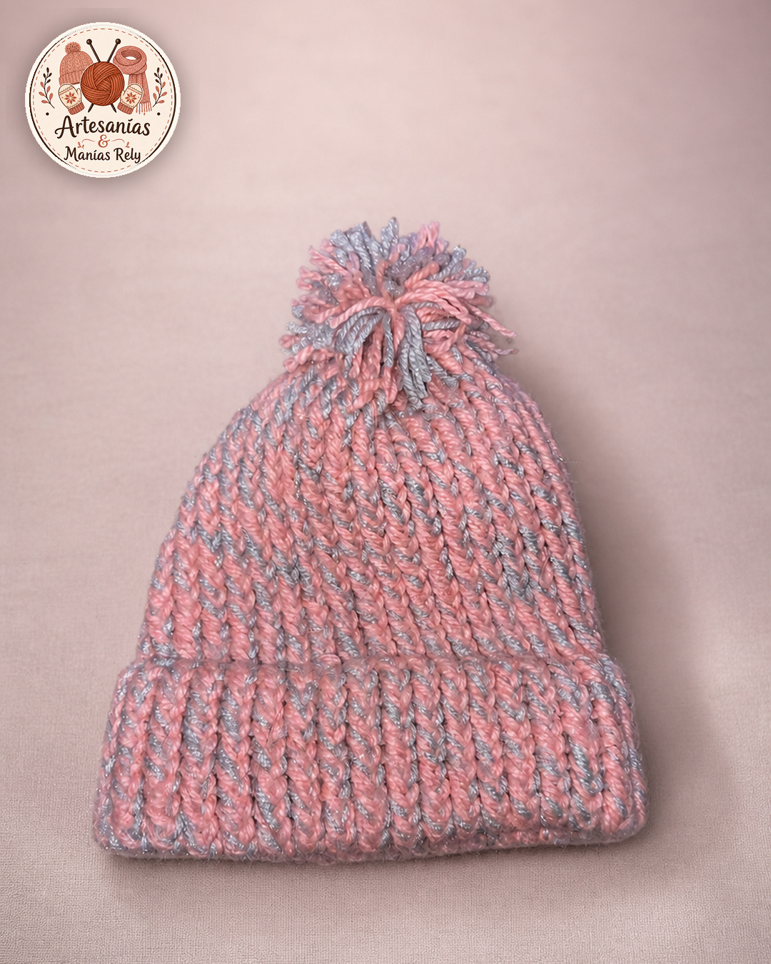 Rosa & gris, gorro tejido a mano
